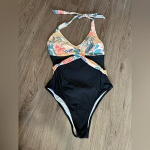 Floral and Black One-Piece Swimsuit